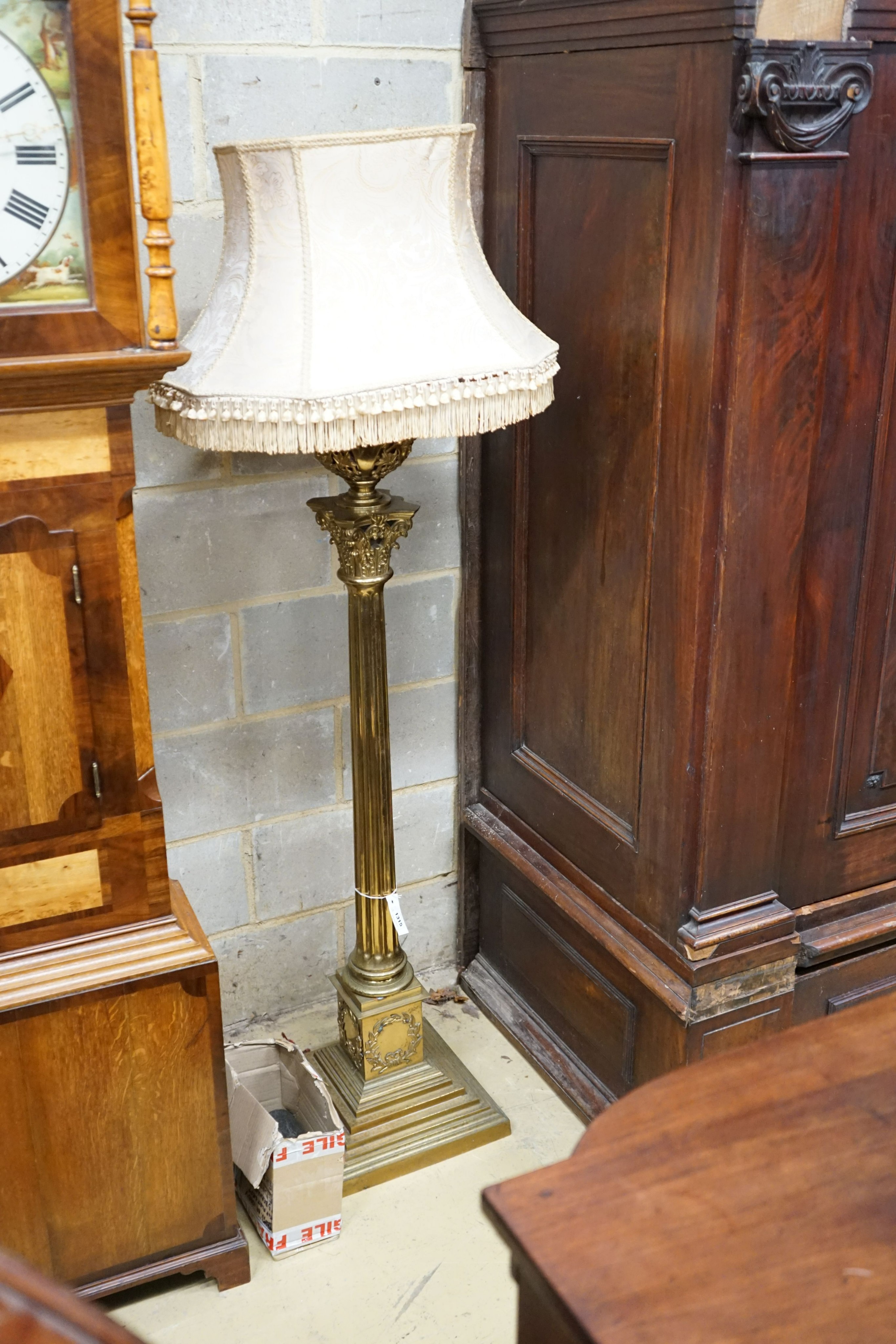 A late Victorian lacquered brass corinthian column oil lamp standard, converted to electricity, height excluding shade 144cm